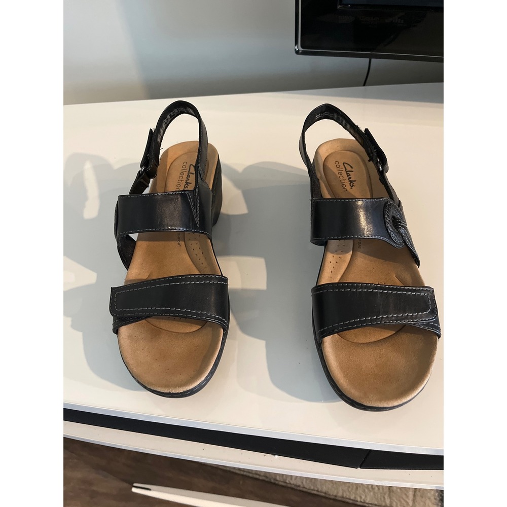 Clarks Collection Black Leather Wedge Sandals Strappy Comfort 7.5 M Arla‎ Glison